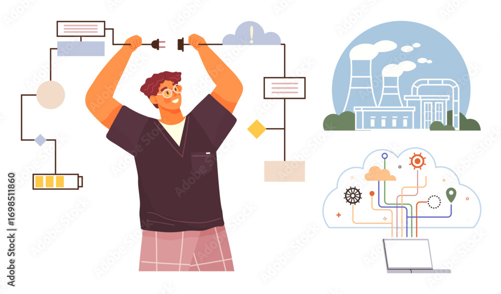 Poster man connecting power lines with process workflows, factory, battery, cloud computing, and gear syste