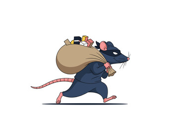 Cartoon thief rat running with a sack of loot and a small monkey companion on its back