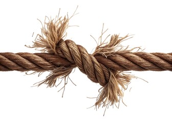 Close up of a frayed and breaking rope on a white background