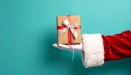 Santa's hand holding a gift box against a teal backdrop