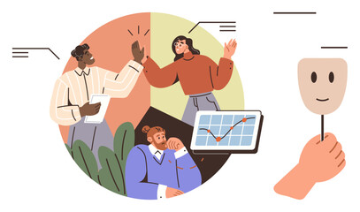 Team brainstorming ideas, high-fiving for success, chart analyzing progress, mask representing emotions. Ideal for teamwork, collaboration, productivity, motivation, emotional intelligence growth