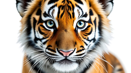Obraz premium Ultra detailed macro shot of tiger cub face with blue eyes and orange fur, showing intense and captivating expression in high resolution