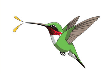 Obraz premium Tiny ruby throated hummingbird drinking nectar from a yellow flower