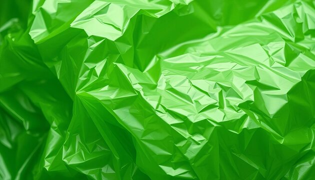 Close-up of crinkled, translucent green plastic bag texture, detail, eco - Powered by Adobe