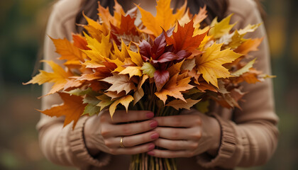 Girl’s hands holding autumn leaves, cozy fall mood