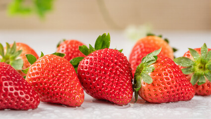 Close-up Fresh Ripe Red Strawberries with Green Leaves Still Life