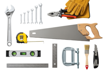 Meticulously arranged professional DIY tools: wrenches, gloves, handsaw, tape measure, on transparent flat lay with soft studio lighting, concept of precision and utility.