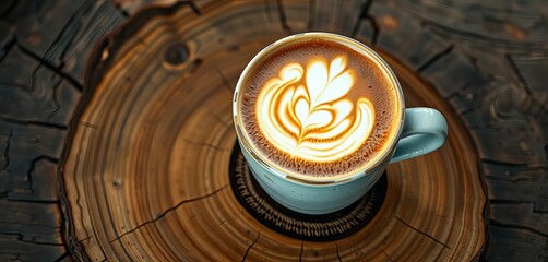 Intricate rosetta latte art in ceramic cup atop rustic wood,  food photography,  foam