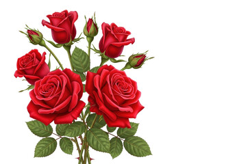 Vibrant red roses bouquet in various bloom stages with green leaves, soft light, isolated on transparent background with copy space, corner composition. Concept of timeless romance and growth
