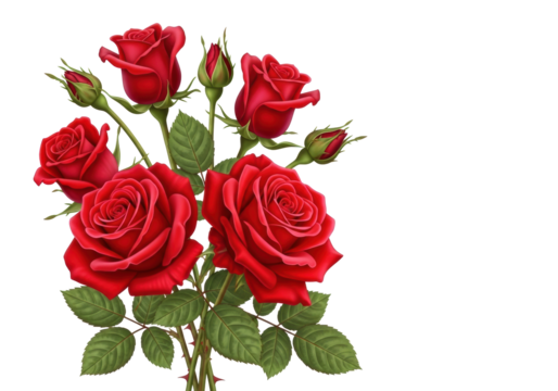Vibrant red roses bouquet in various bloom stages with green leaves, soft light, isolated on transparent background with copy space, corner composition. Concept of timeless romance and growth