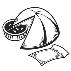 a pie slice next to whole pie and napkin