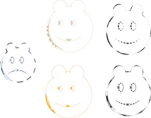 Collection of stylized frog faces with varying expressions and line styles.