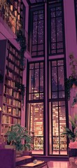A cozy, book-filled room with a view of a city at night, bathed in a calming purple hue.