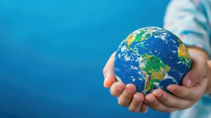 A young child's hand gently cradling a globe, symbolizing care for our planet.