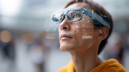 Software engineer using augmented reality glasses interacting with a futuristic hologram interface, experiencing the potential of artificial intelligence in a modern urban environment