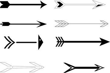 Collection of ten diverse arrow designs, black and gray, various styles.