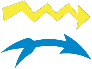 Two arrows, one yellow zigzag and one blue curved, pointing right, representing direction and movement.