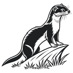 Stylized black and white illustration of a stoat on a rock