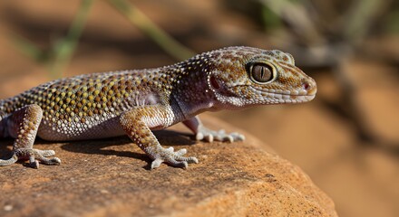 Fototapeta premium Detailed close up of gecko reptile resting on a rock surface outdoors