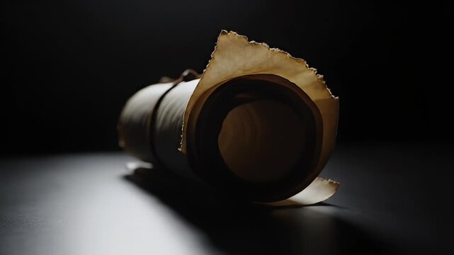 Ancient Rolled Parchment Scroll with Leather Strap on Dark Surface, Illuminating Mystery