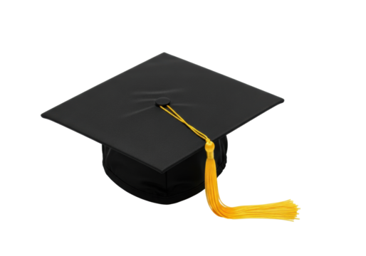 Classic black matte graduation cap with vibrant yellow tassel, diagonally positioned on seamless transparent background, soft light, subtle shadow, copy space, academic success concept