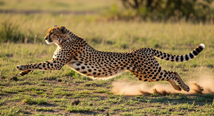 Fototapeta premium Fast Cheetah Running Across Grassy Savannah Landscape at Sunset