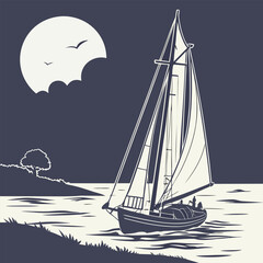 a serene night scene with sailboat under moonlight