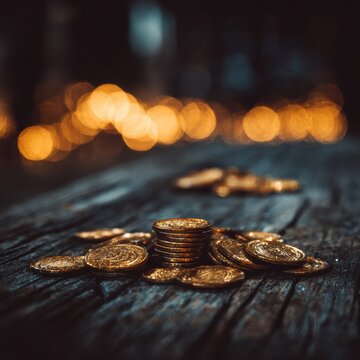 Golden Coins on Weathered Wood with Warm Bokeh Lights