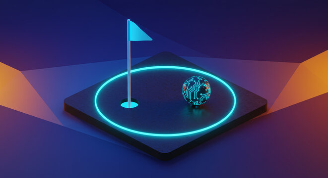 Futuristic Golf Course Hole with Glowing Circuit Ball and Flag - Powered by Adobe