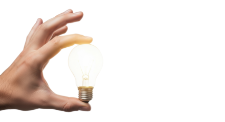 Male hand with light skin tone gently cradling a glowing conceptual light bulb with intricate metallic screw base, on bright white studio background with copy space, concept of new ideas and