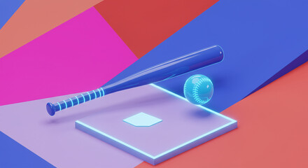 Digital Baseball Field with Bat and Ball on Geometric Background