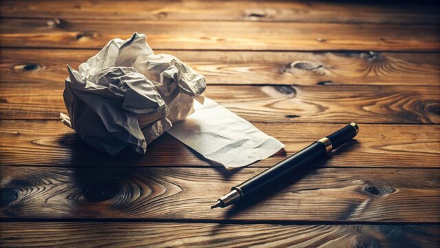 A crumpled ball of paper rests beside a blank sheet and a sophisticated pen on a rustic wooden surface, symbolizing the creative process of writing and the potential for revisions and refinement.