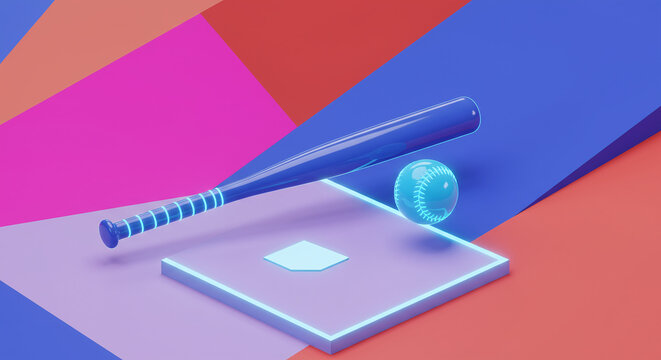 Digital Baseball Field with Bat and Ball on Geometric Background