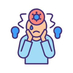 Concerned character with virus symbol and stressful lightbulbs