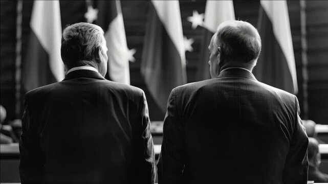 Two men in suits representing their respective countries, standing side by side at a formal press event, discussing political matters.
