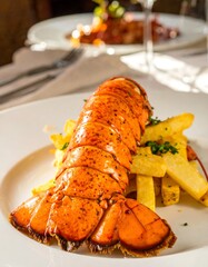 Roasted lobster tail with fries on a white plate