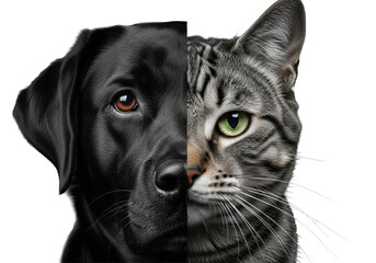 Black Labrador left face, tabby cat right face, seamless split, intense eyes, extreme close-up, B&W studio, chiaroscuro. Concept of pet companionship and striking visual contrast
