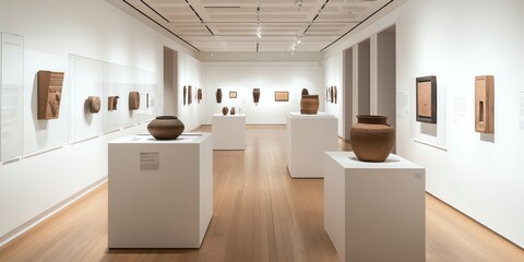 Contemporary art gallery with modern pottery and wooden sculptures on display, illuminated by soft ceiling lights.