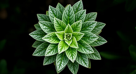 Green Leaf Succulent Plant with Geometric Veins on Dark Background