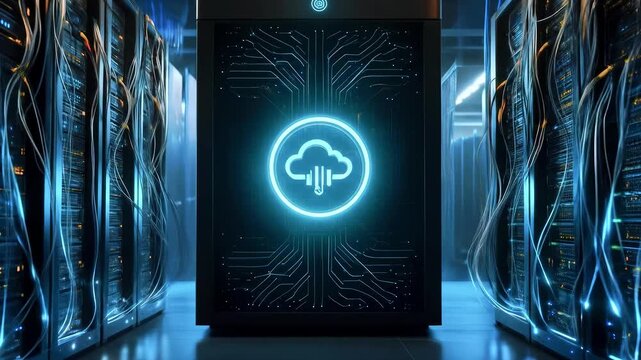 Futuristic data center showcasing advanced server technology with illuminated cloud icon and cables
