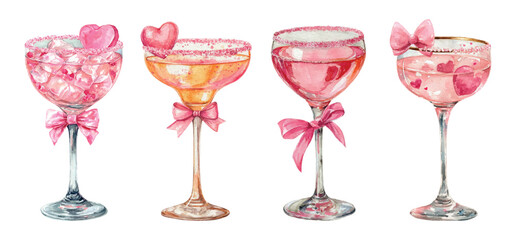 Watercolor set of cocktail glasses. Glasses with champagne and rose wine decorated with bow and heart. Romantic drinks for a coquette party and Valentine's Day. Vector illustration.