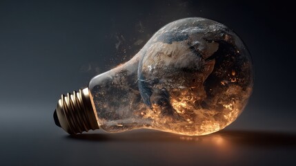 A light bulb shaped earth with a golden base is on fire and smoldering on a dark surface
