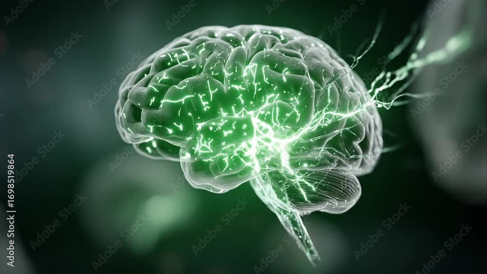 Poster brain with neural activity: an illuminated brain illustration pulses with a network of neural connec