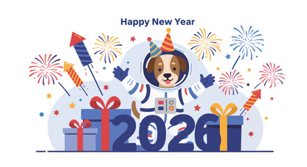 Happy New Year dog astronaut with fireworks and gifts