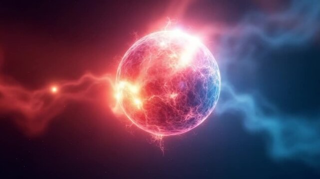 Abstract red and blue energy sphere moves in the vacuum of space.