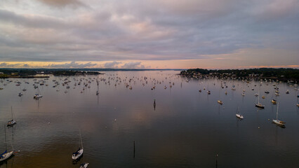 Aerial view of water passage on cloudy summer night 