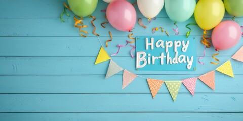 A cheerful birthday scene featuring colorful balloons, a "Happy Birthday" sign, and festive decorations against a bright blue wooden background.