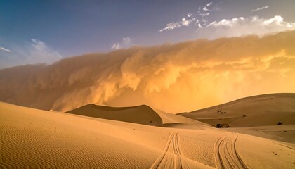 Sandstorm over desert dunes