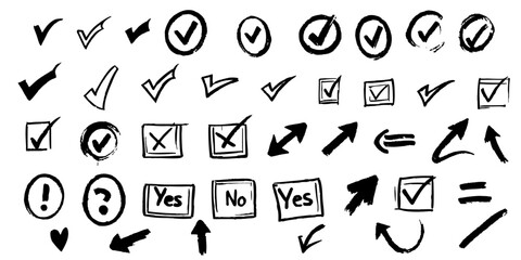 Vector Checkmark & Symbol Collection: A collection of hand-drawn, stylish checkmarks, ticks, yes/no symbols, and directional arrows, all set against a clean backdrop.