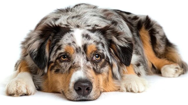 A merle Australian Shepherd lies down looking at the viewer